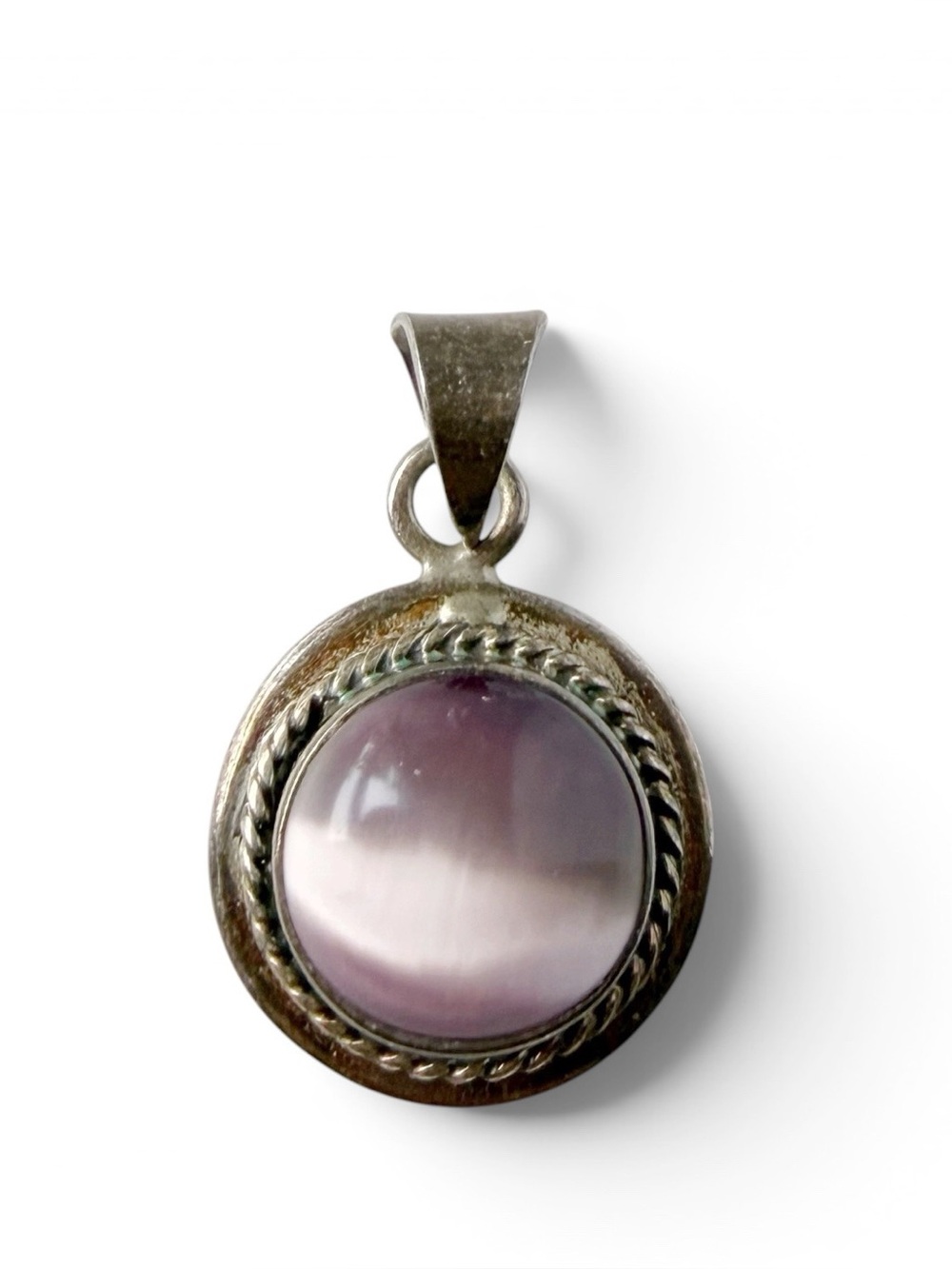 Vintage Sterling Silver 925 Round Purple Cats Eye Pendant Mexico